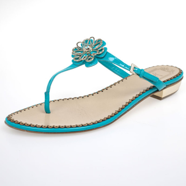 مملوكة مسبقًا Christian Dior Turquoise Patent Leather Floral Detail Thong Sandals Size 39