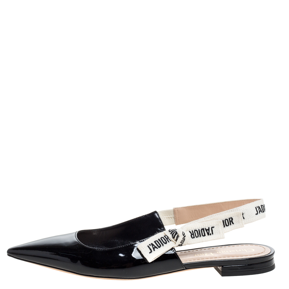 

Dior Black Patent Leather J'adior Ribbon Pointed Toe Slingback Sandals Size