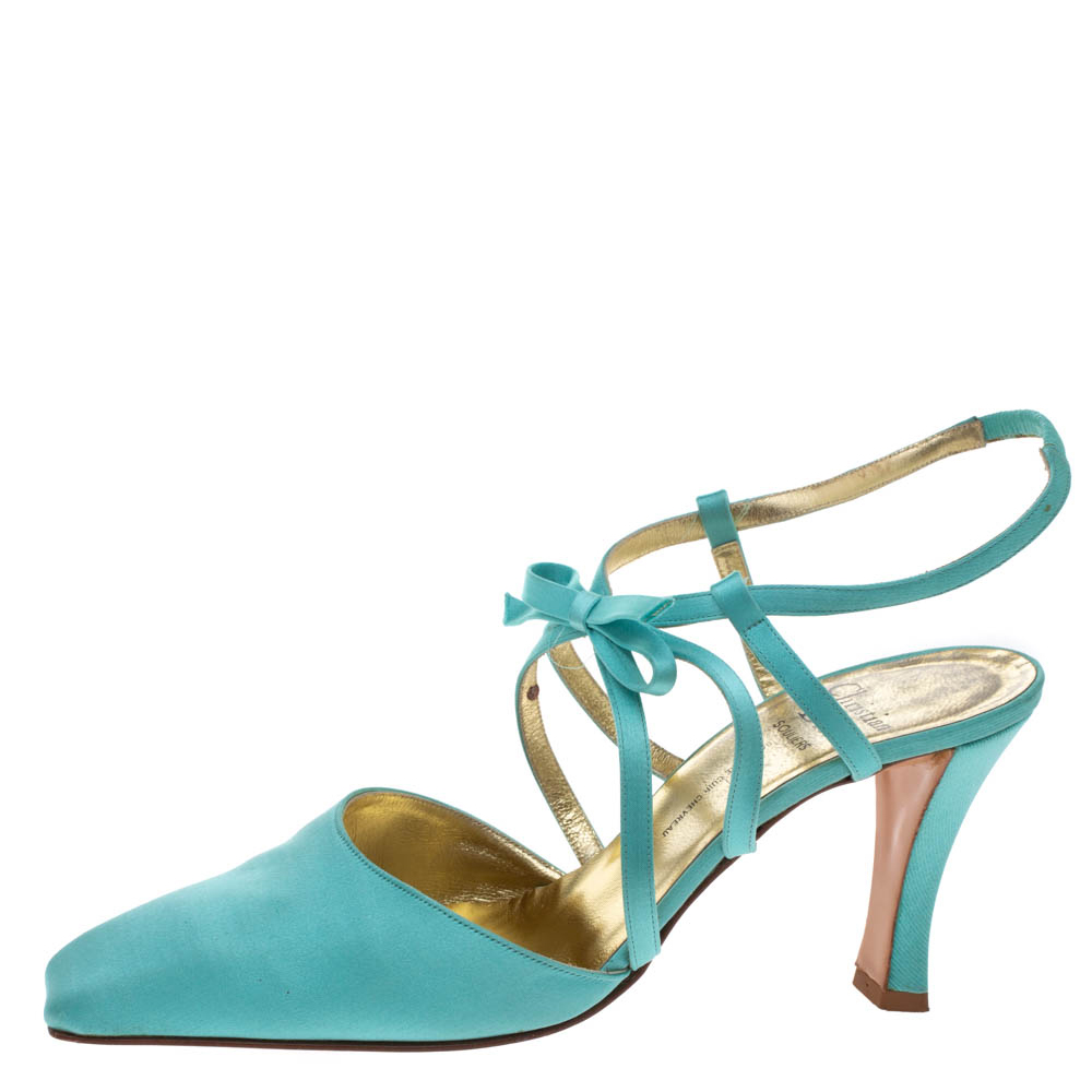 

Dior Light Blue Satin Bow Ankle Strap Square Toe Sandals Size