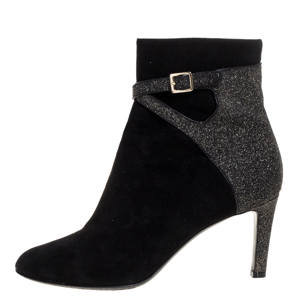 

Dior Black Suede Leather And Glitter Buckle Details Ankle Booties Size