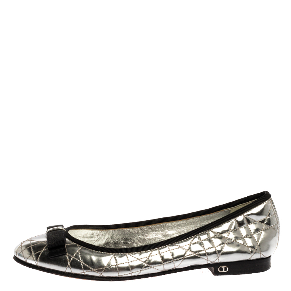 

Dior Metallic Silver Quilted Cannage Leather My Bow Ballet Flats Size