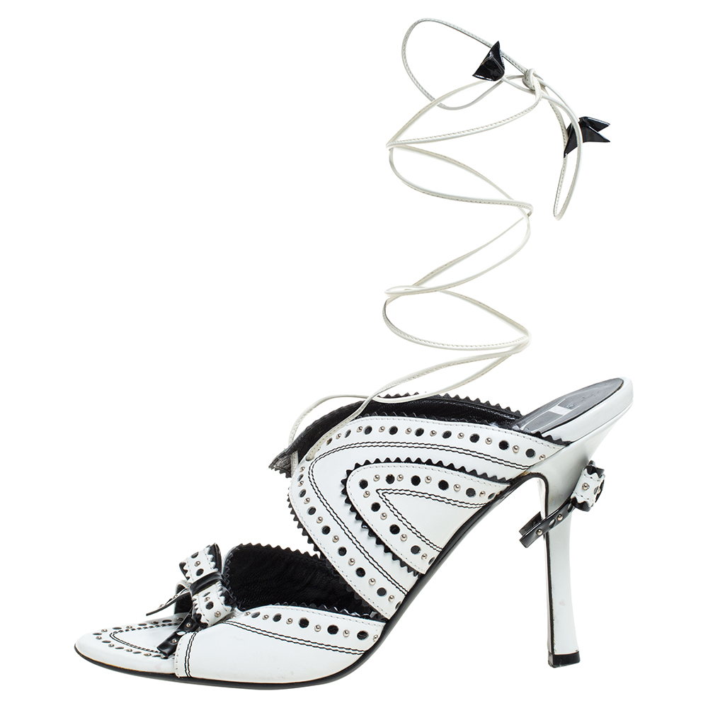 

Dior White/Black Leather Brogue Studded Bow Embellished Ankle Wrap Sandals Size