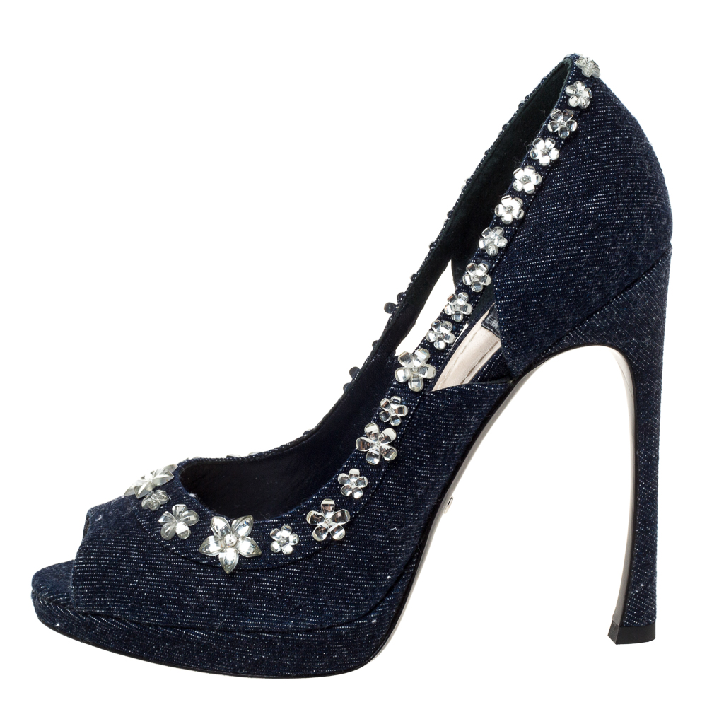 

Dior Blue Crystal Embellished Denim Garland Peep Toe Pumps Size