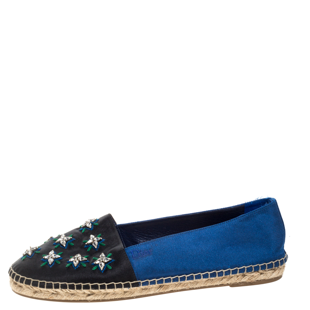 

Dior Blue/Black Canvas Crystal Embellished Riviera Espadrille Flat Size