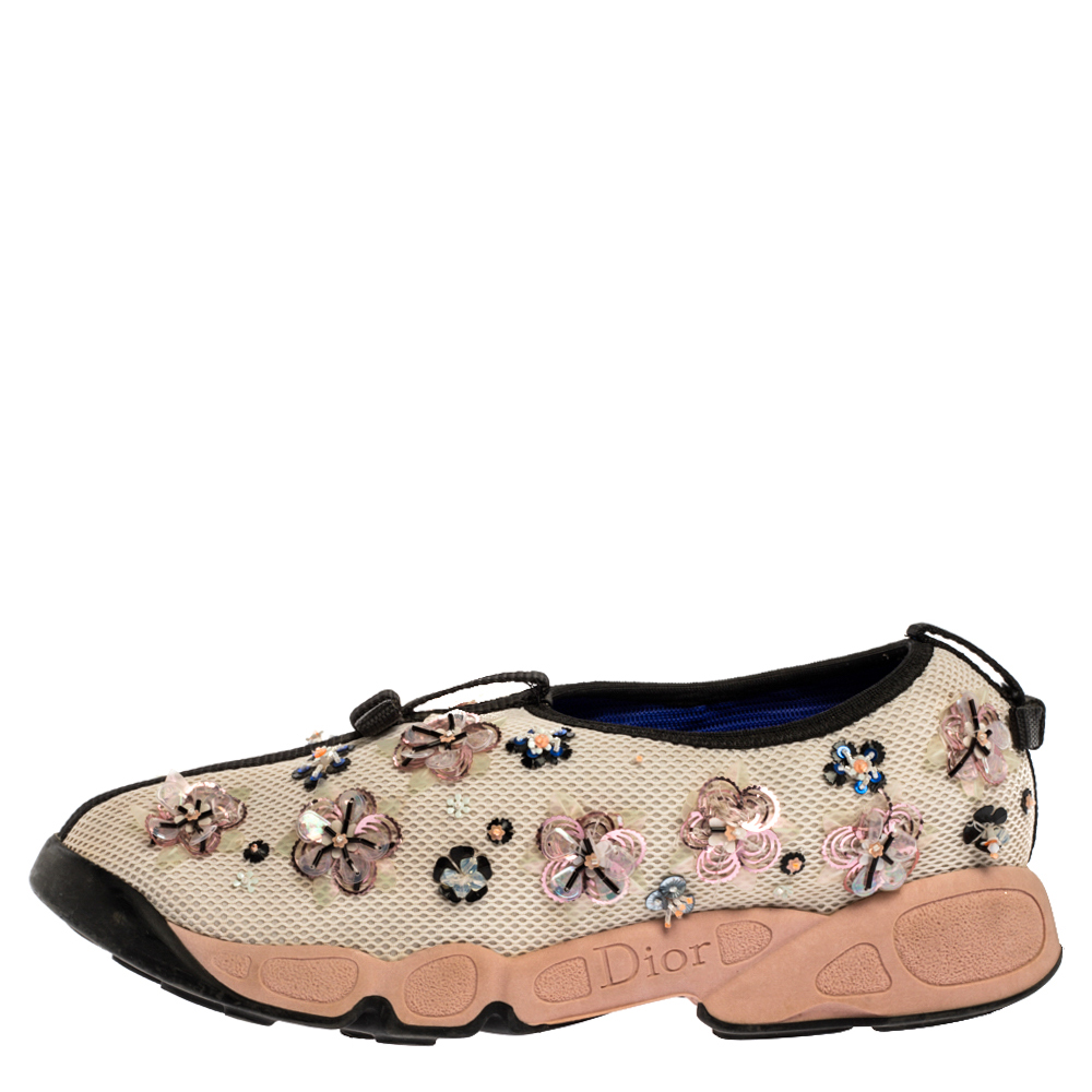 

Dior Cream Mesh Fusion Floral Embellished Slip On Sneakers Size, White