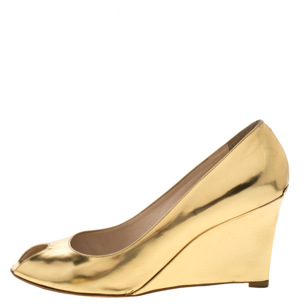 

Dior Gold Patent Leather Wedge Peep Toe Pumps Size