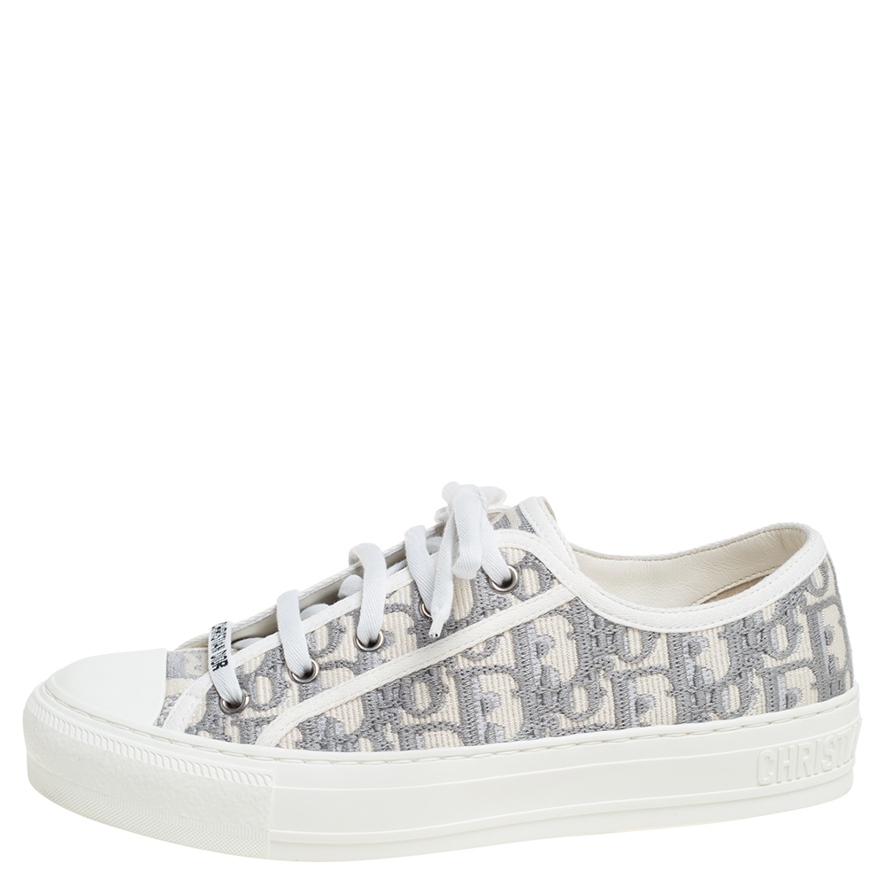 

Dior Grey Embroidered Cotton Oblique Motif Walk'n'Dior Low Top Sneakers Size, White
