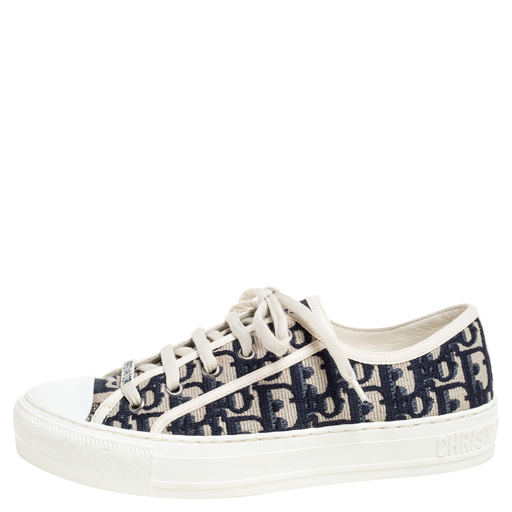 

Dior Navy Blue Embroidered Cotton Oblique Motif Walk'n'Dior Low Top Sneakers Size