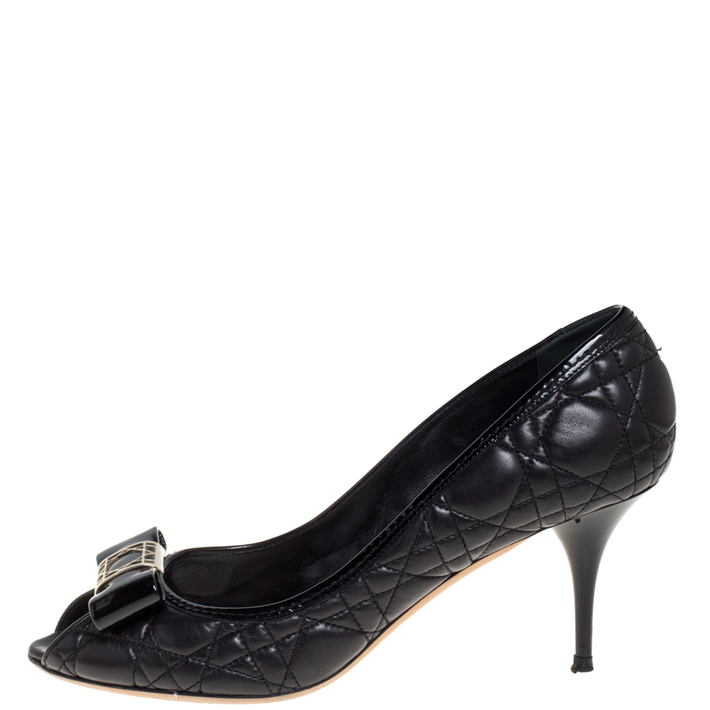 

Dior Black Leather Cannage Bow Peep Toe Pumps Size