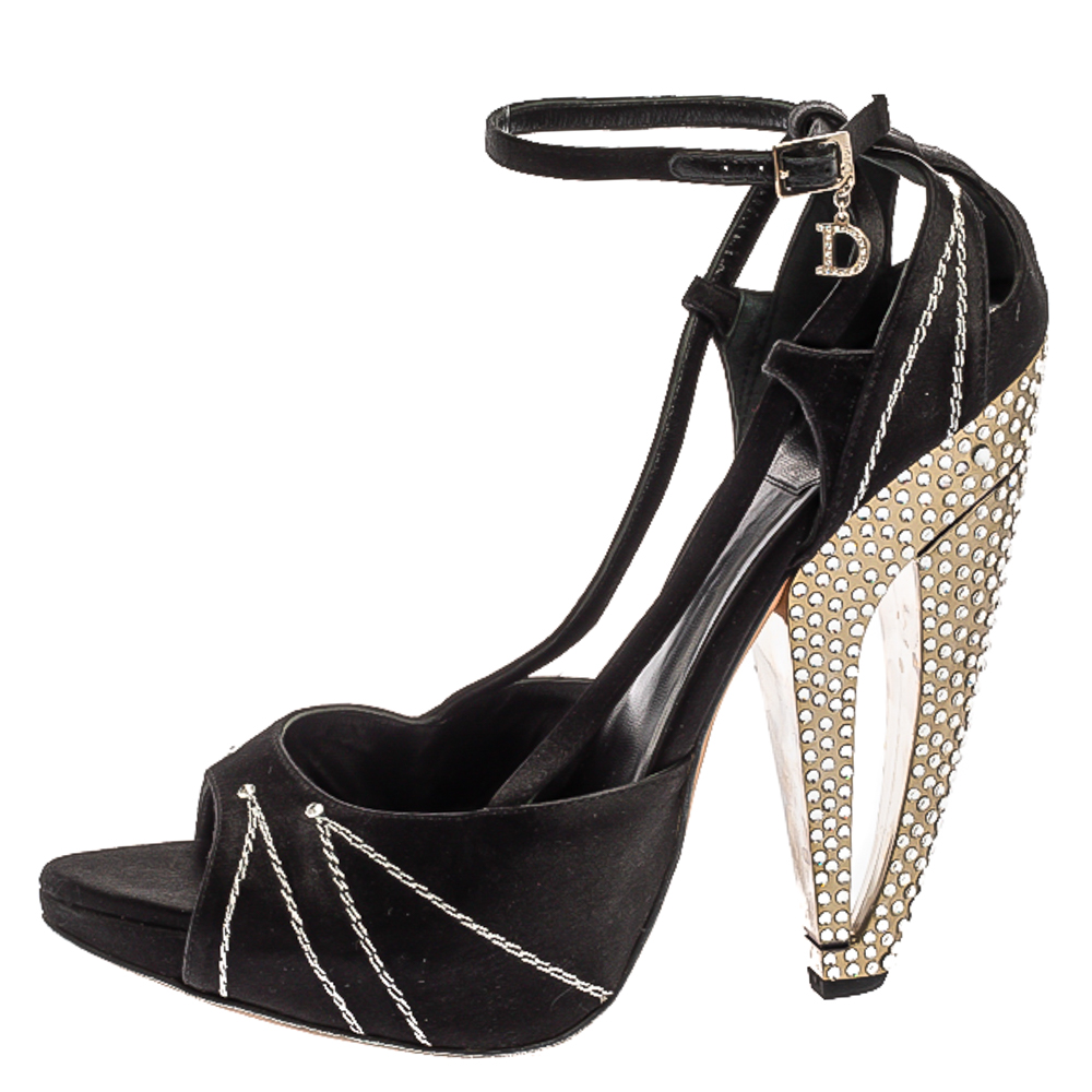 

Dior Black Satin Crystal Embellished Ankle Wrap Platform Sandals Size