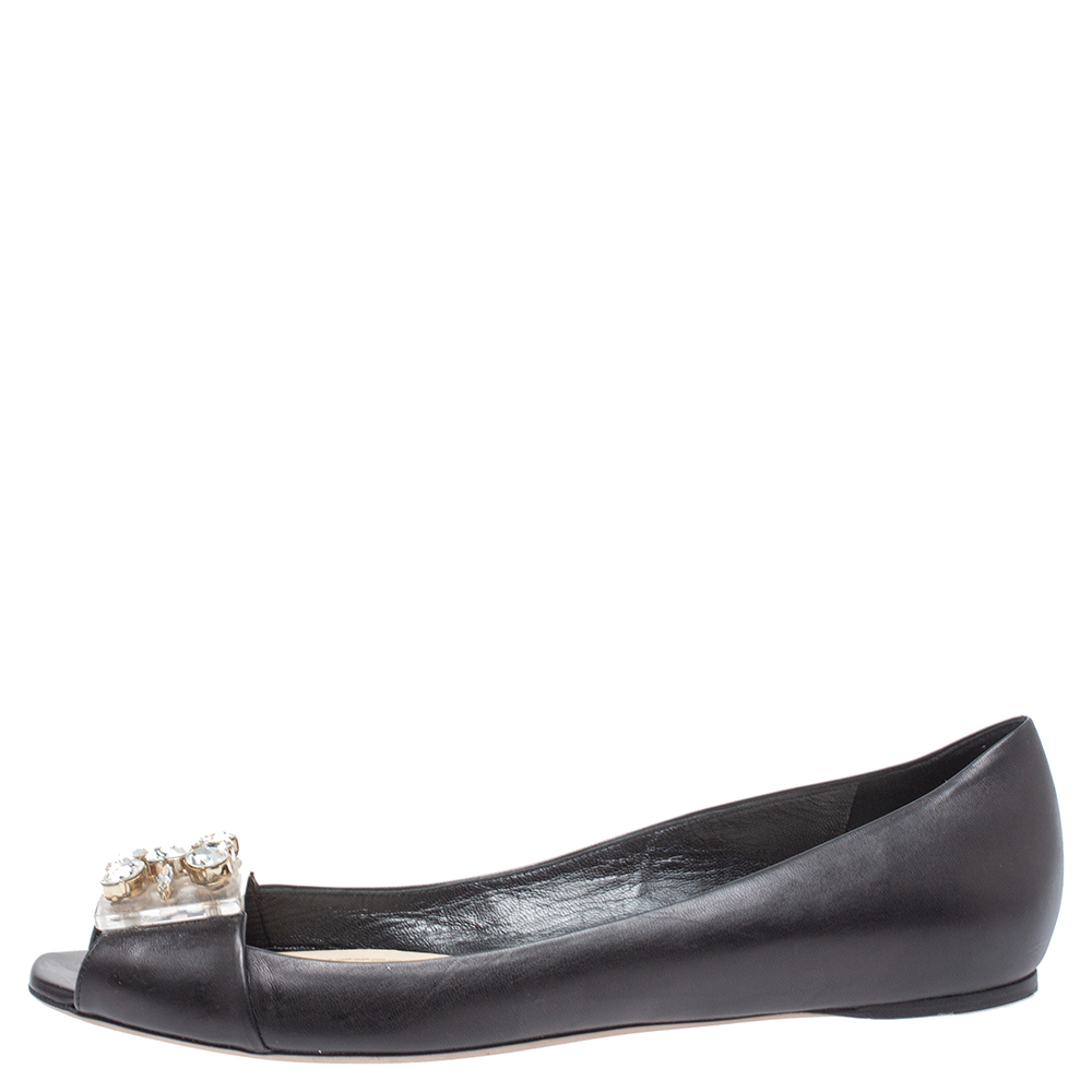 

Dior Black Leather Crystal Embellished Peep Toe Pumps Size