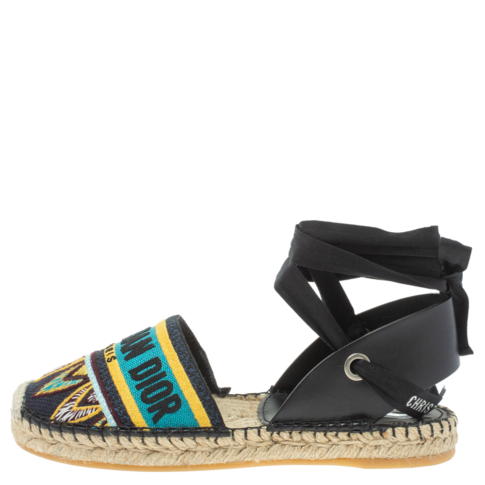

Dior Multicolor Embroidered Canvas And Leather Nicely D Espadrille Ankle Wrap Flat Sandals Size