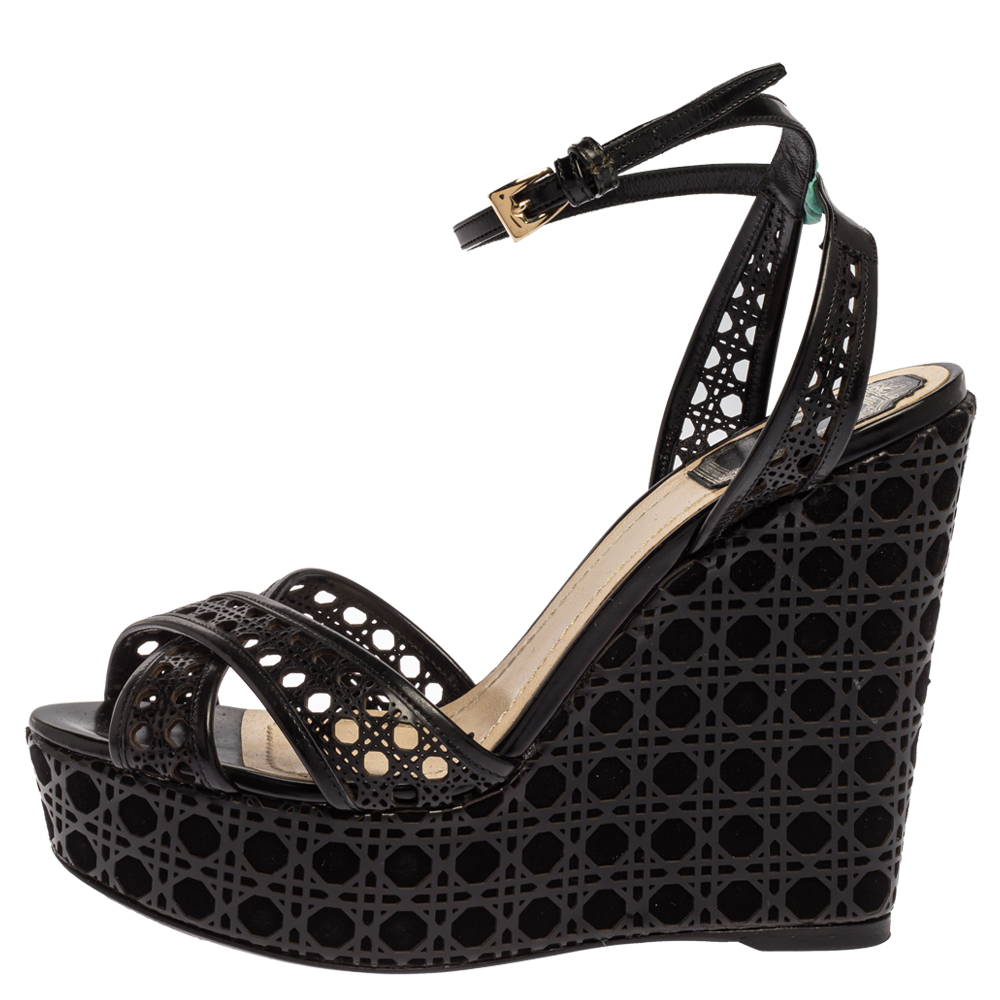 

Dior Black Leather Cannage Cutout Ankle Strap Wedge Platform Sandals Size