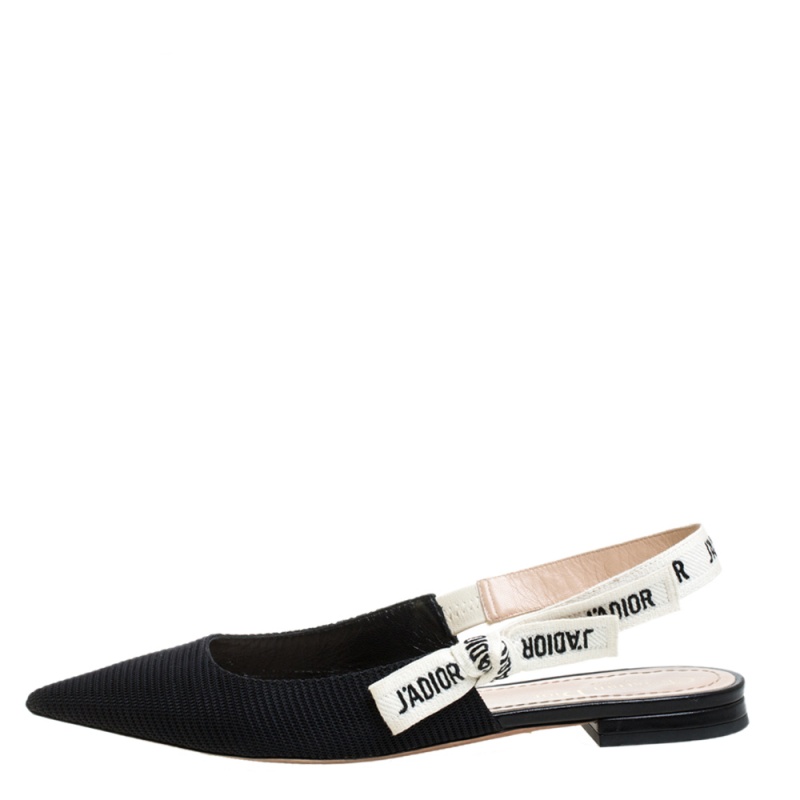 

Dior Black Technical Fabric And J'adior Ribbon Pointed Toe Slingback Flats Size