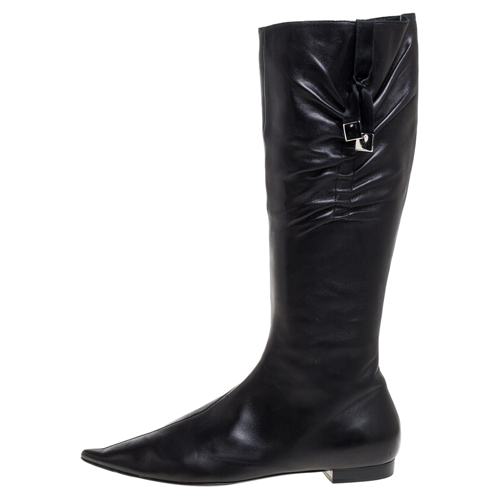 

Dior Black Leather Pleated Bow Detail Knee Length Boots Size