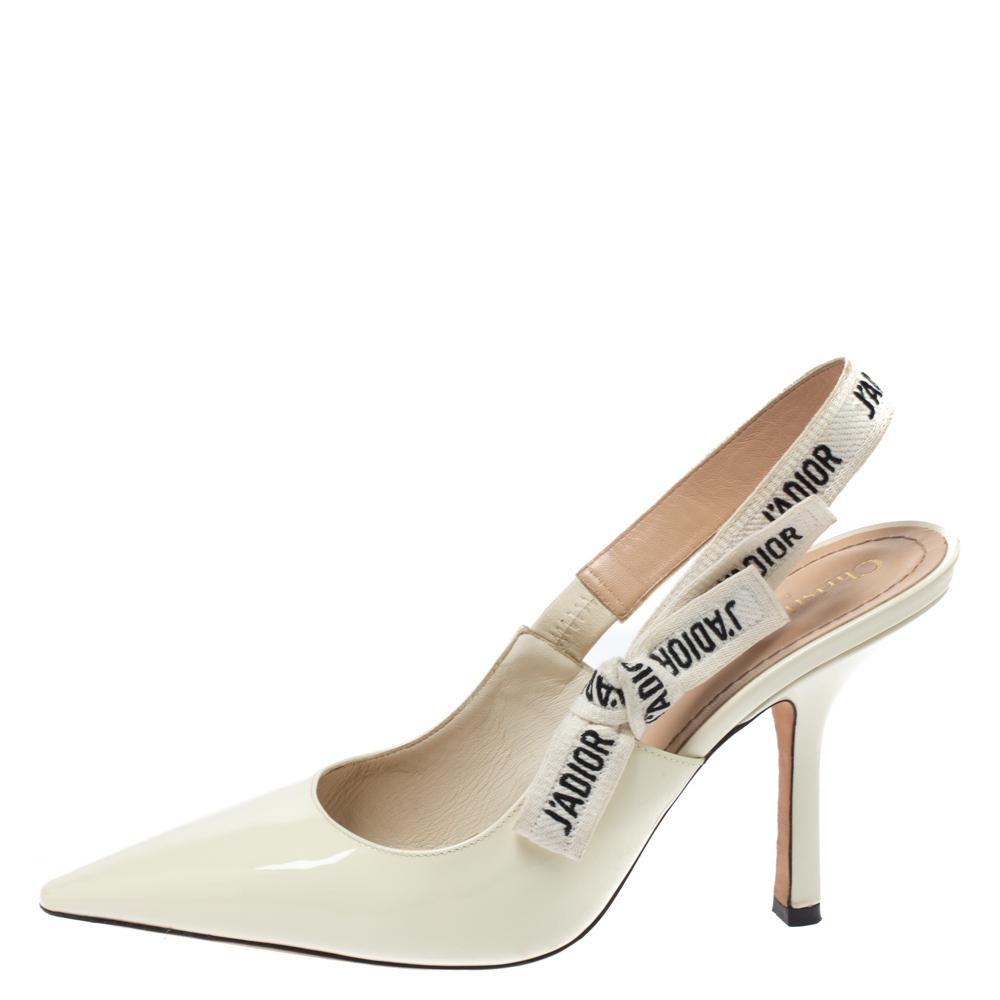 

Dior White Patent Leather J'adior Ribbon Pointed Toe Slingback Pumps Size