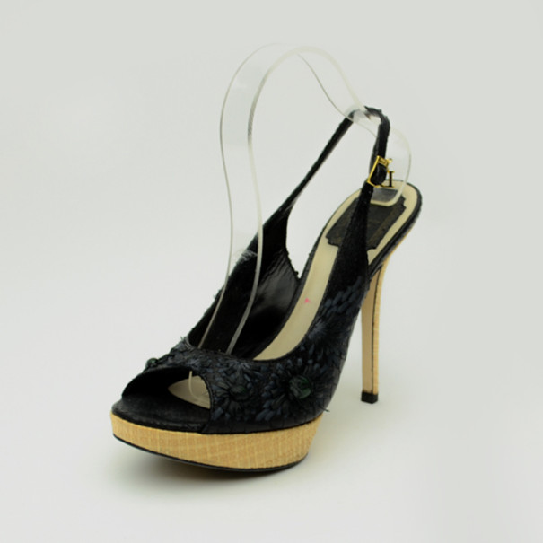 Pre Owned Christian Dior Black Floral Emroidered Peep Toe Sling Back Sandals Size 39.5