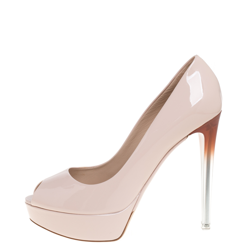 

Dior Pink Patent Miss Dior Peep Toe Platform Pump Size