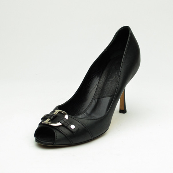 Pre Owned Christian Dior Black Leather Peep Toe Pumps Size 38