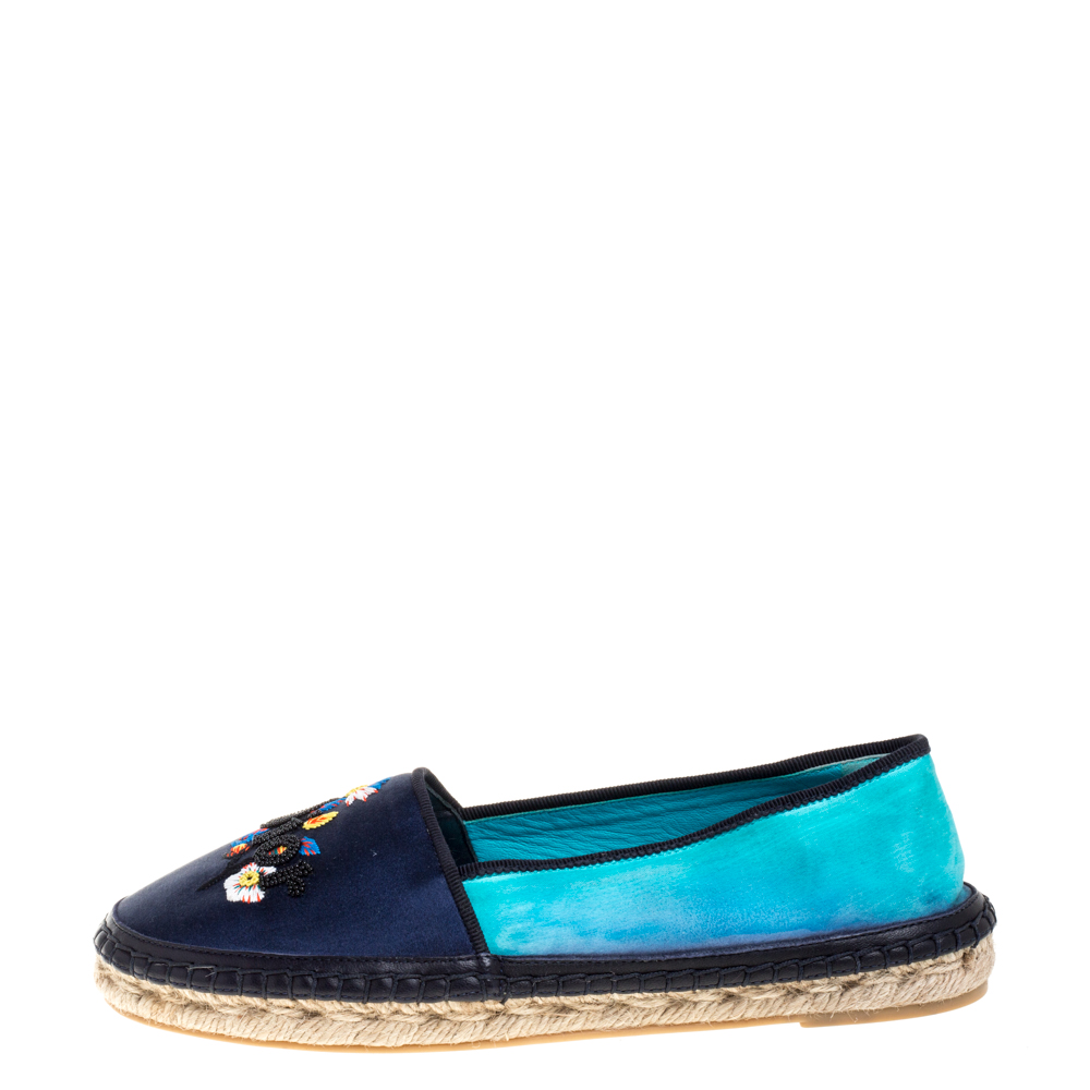 

Dior Two Tone Satin Embroidered Slip On Espadrille Flats Size, Blue