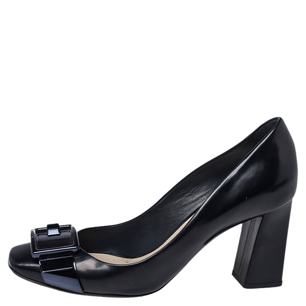 

Dior Dark Blue Leather Buckle Detail Block Heel Pumps Size