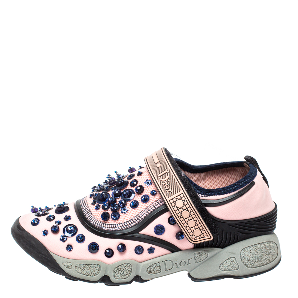 

Dior Pink Stretch Fabric Fusion Embellished Low Top Sneakers Size