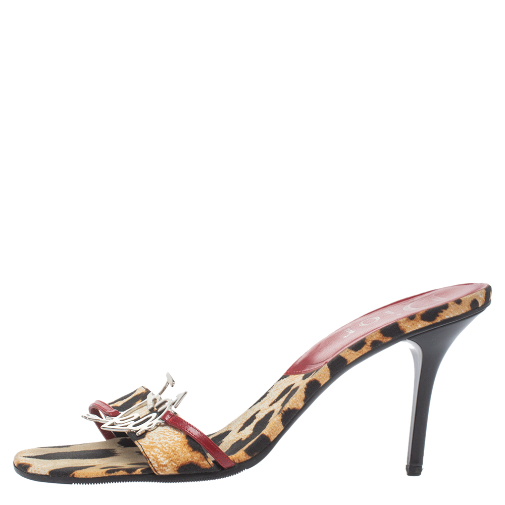 

Dior Black/Brown Leopard Print Canvas I love Dior Diva Open Toe Slide Sandals Size