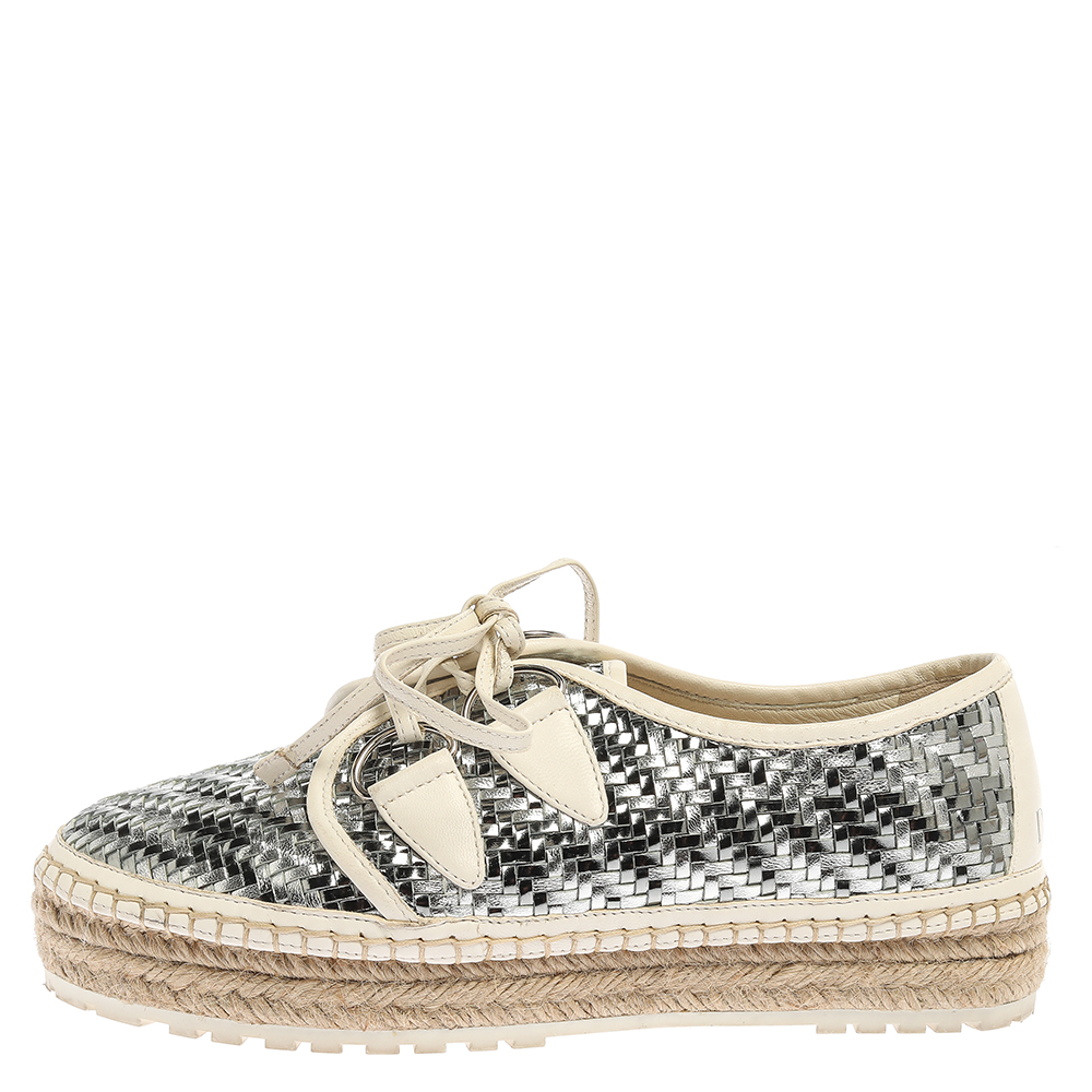 

Dior Metallic Silver/White Leather Espadrille Lace Up Sneakers Size