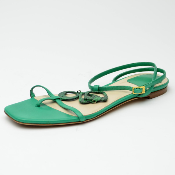 مملوكة مسبقًا Dior Green Leather Flat Sandals Size 38.5