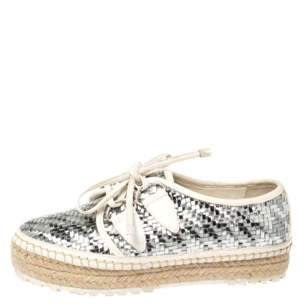 

Dior Metallic Silver/White Woven Leather Espadrille Lace Up Sneakers Size