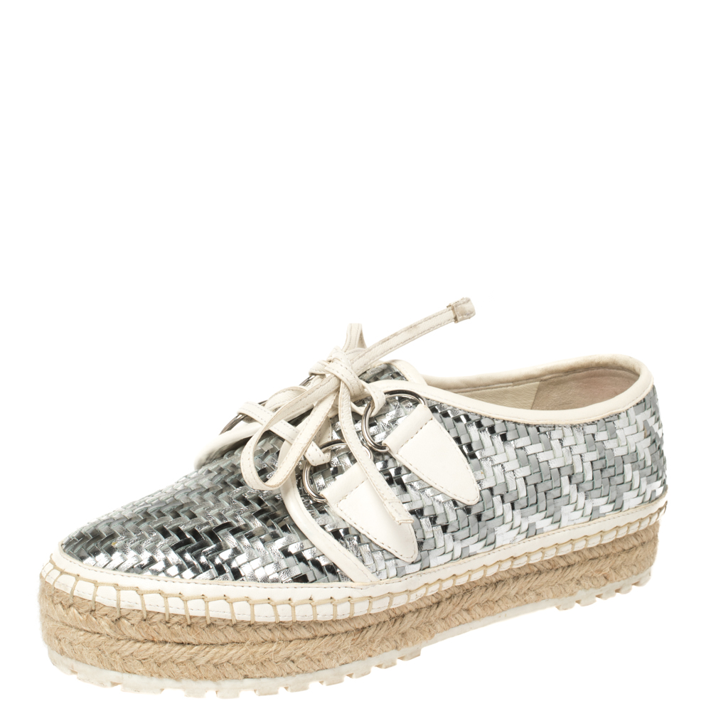 Dior Metallic Silver/White Woven Leather Espadrille Lace Up Sneakers Size 35