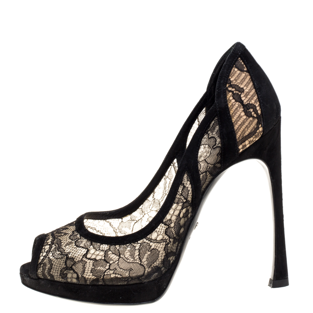 

Dior Black Lace And Suede Scallop Peep Toe Pumps Size