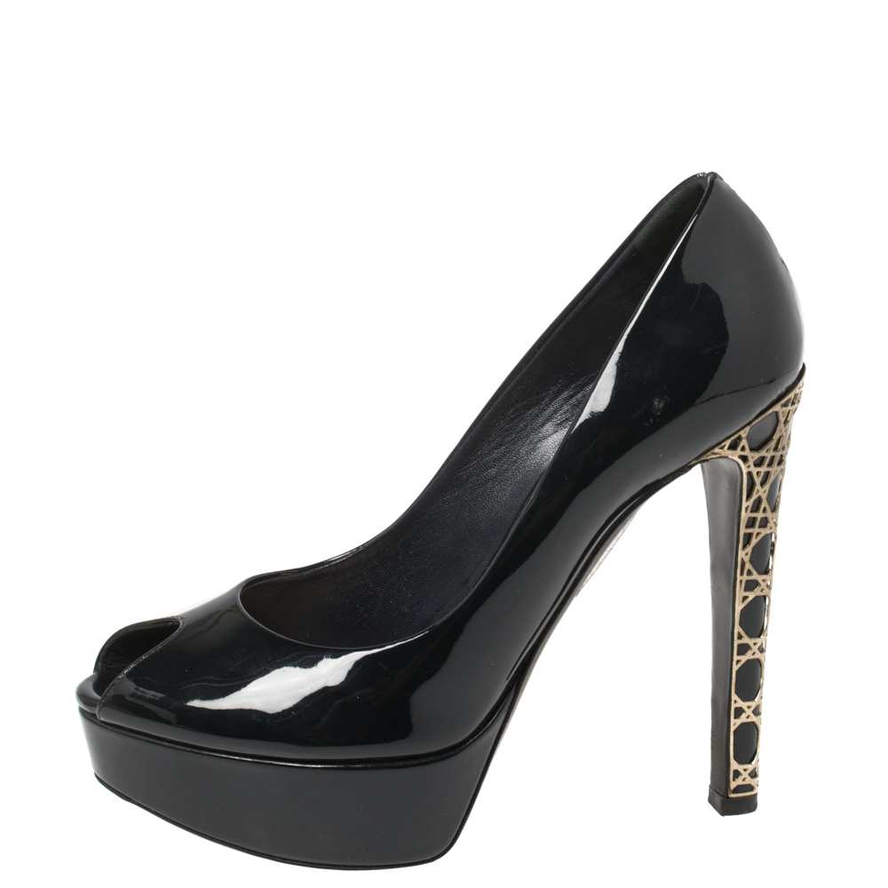 

Dior Dark Blue Patent Leather Cannage Heel Peep Toe Platform Pumps Size