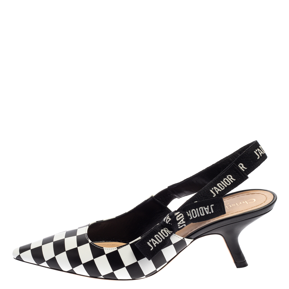 

Dior White/Black Checkered Fabric Printed Leather J'Adior Slingback Pumps Size