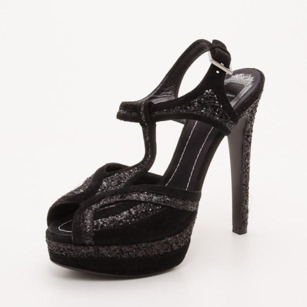 Pre Owned Dior 'Celeste' Black Glitter and Suede T-Strap Sandals Size 38