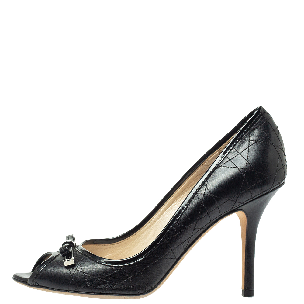 

Dior Black Cannage Leather Bow Peep Toe Pumps Size