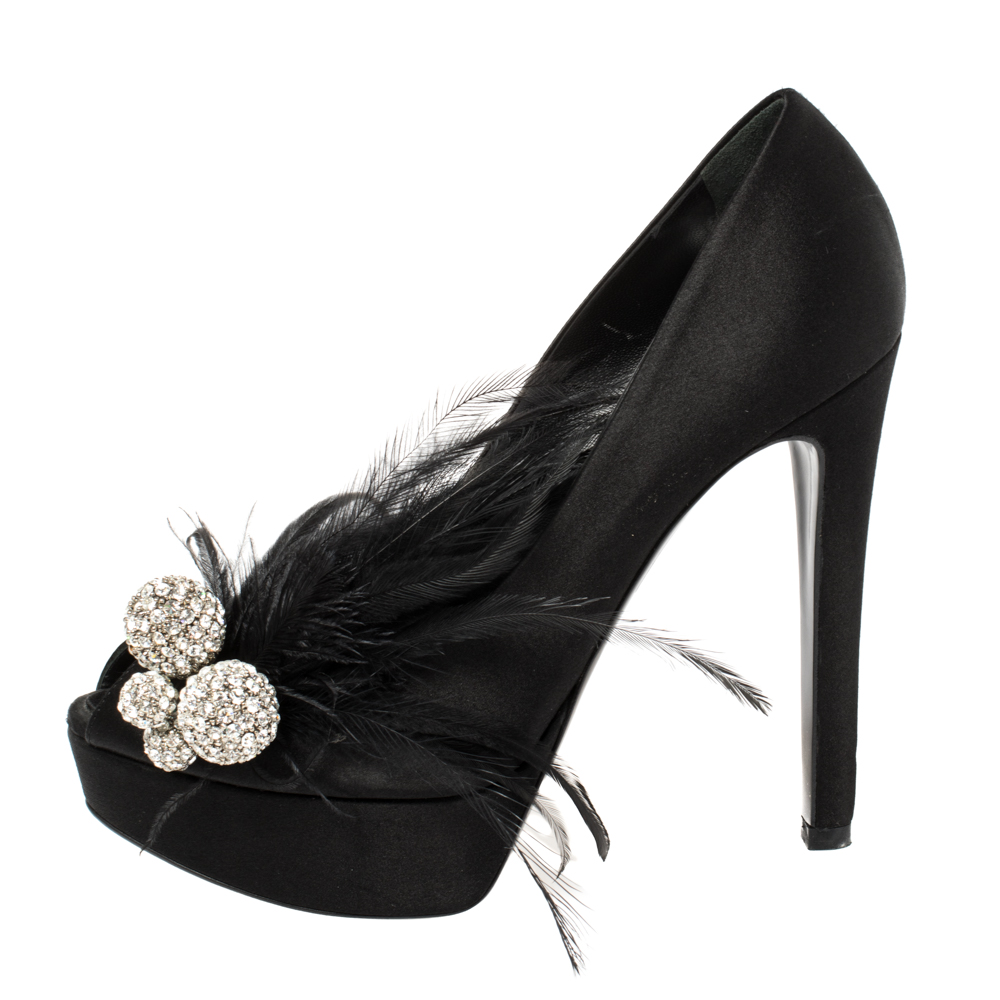 

Dior Black Satin Feather Embellished Peep Toe Pumps Size