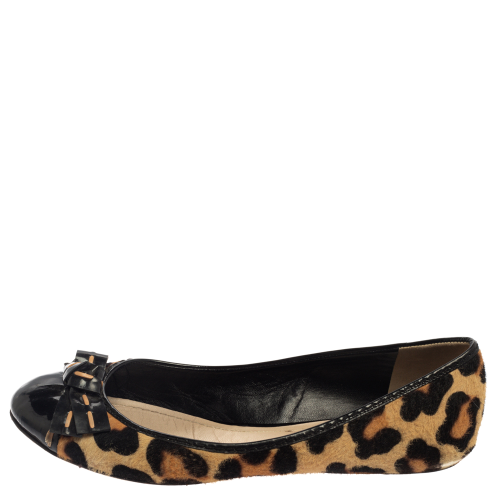 

Dior Leopard Print Calf Hair And Patent Leather Bow Ballet Flats Size, Brown