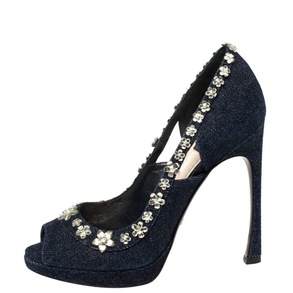 

Dior Blue Crystal Embellished Denim Garland Peep Toe Pumps Size