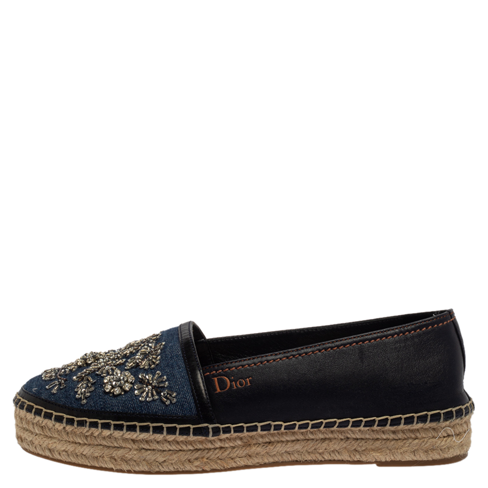 

Dior Blue/Black Denim And Leather Embellished Espadrilles Size