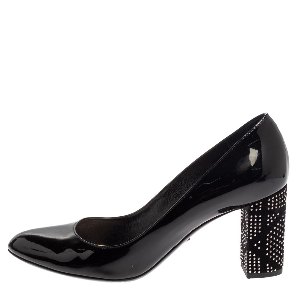 

Dior Black Patent Leather Embellished Block Heel Pumps Size