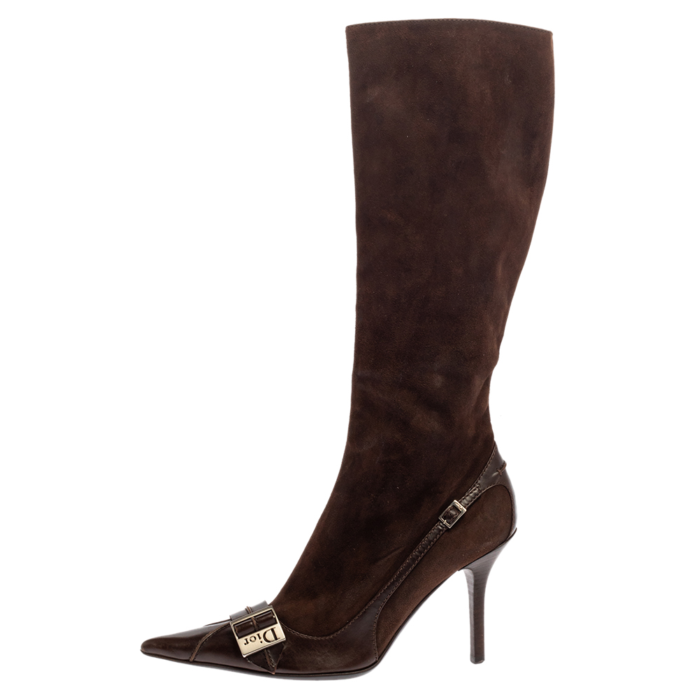 

Dior Brown Suede And Leather Knee Length Pointed Toe Buckle Boots Size