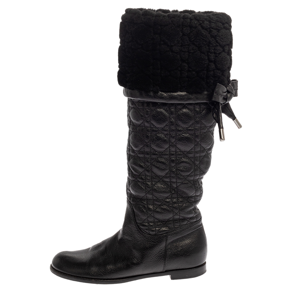 

Dior Black Cannage Leather Ice Fur Cuffed Knee Length Boots Size