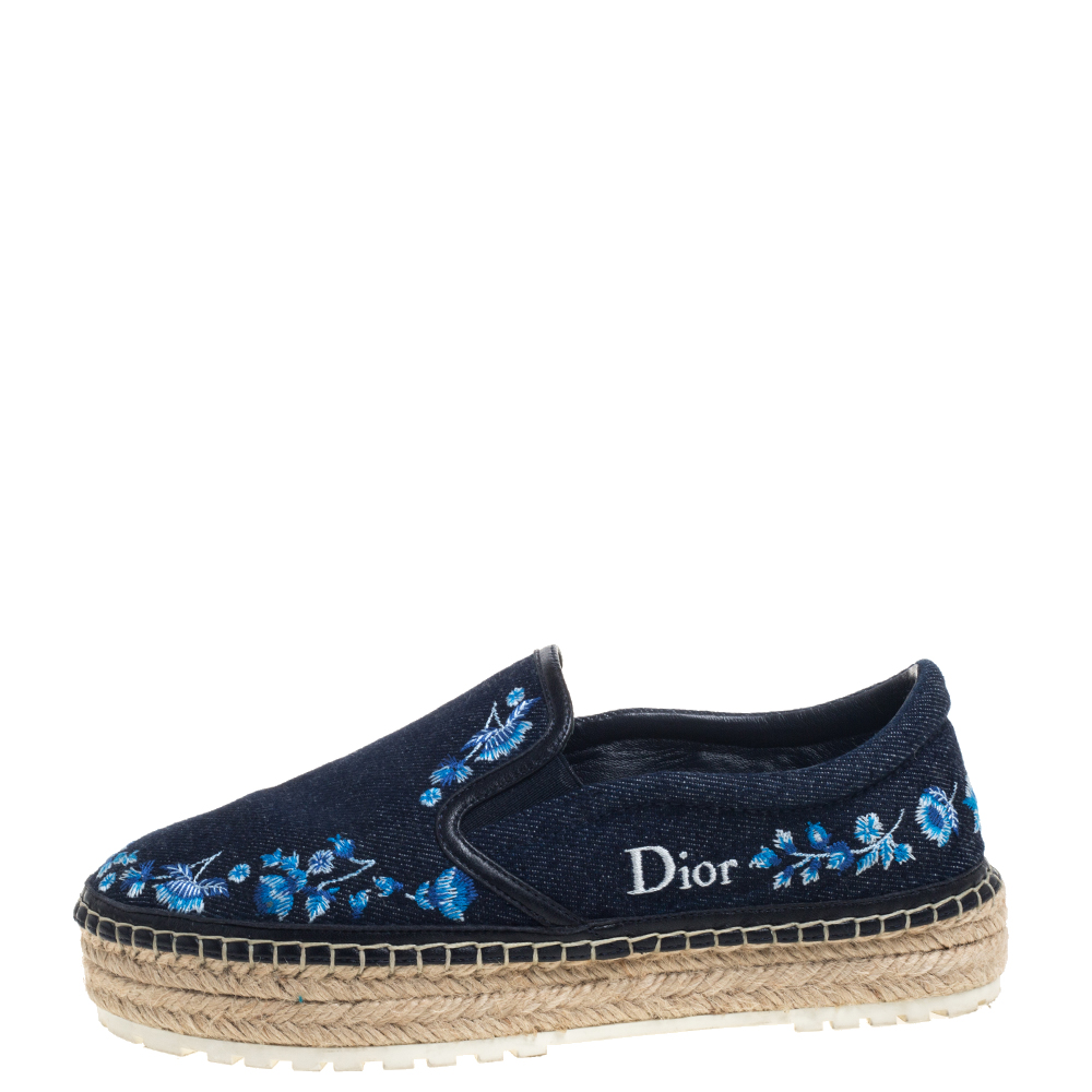 

Dior Blue Floral Embroidered Denim Prairie Espadrille Flats Size