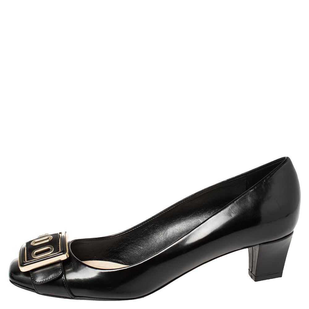 

Dior Black Leather Buckle Embellished Square Toe Pumps Size