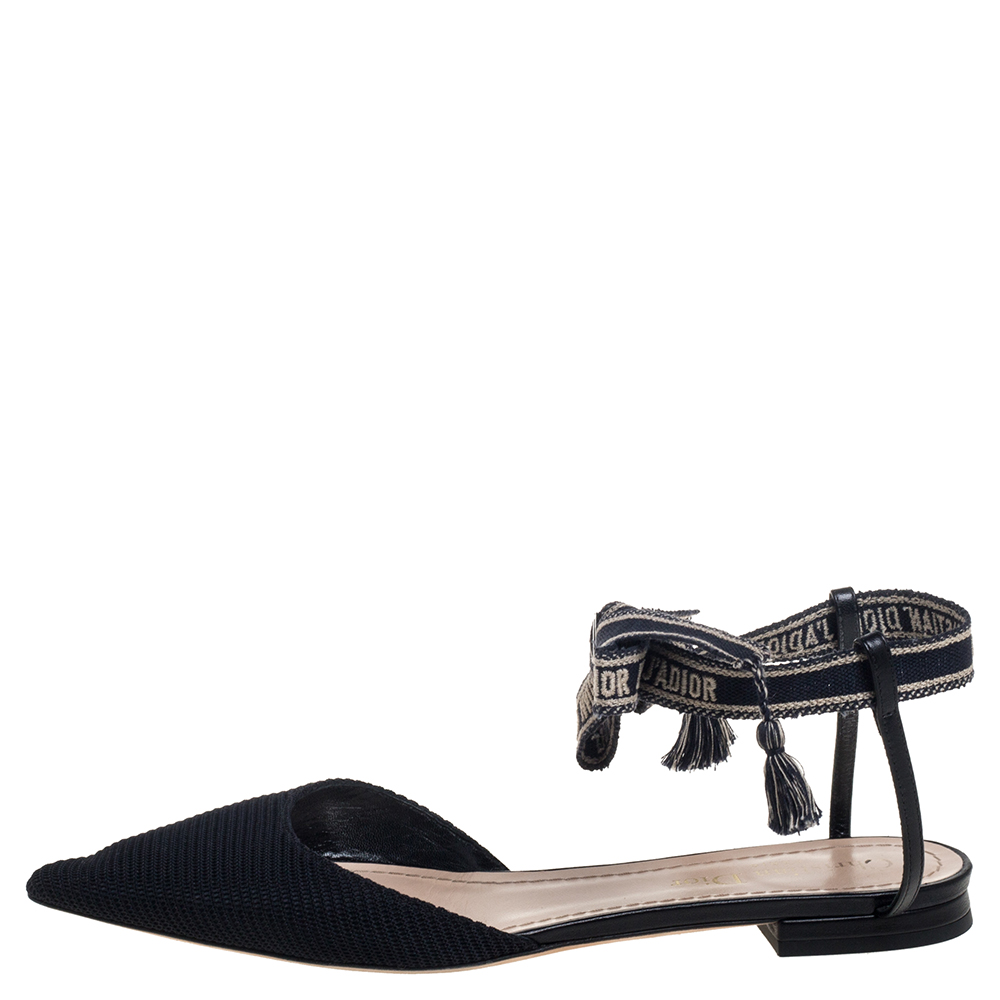 

Dior Black Technical Fabric J'Adior Pointed Toe Ankle Wrap Flats Size