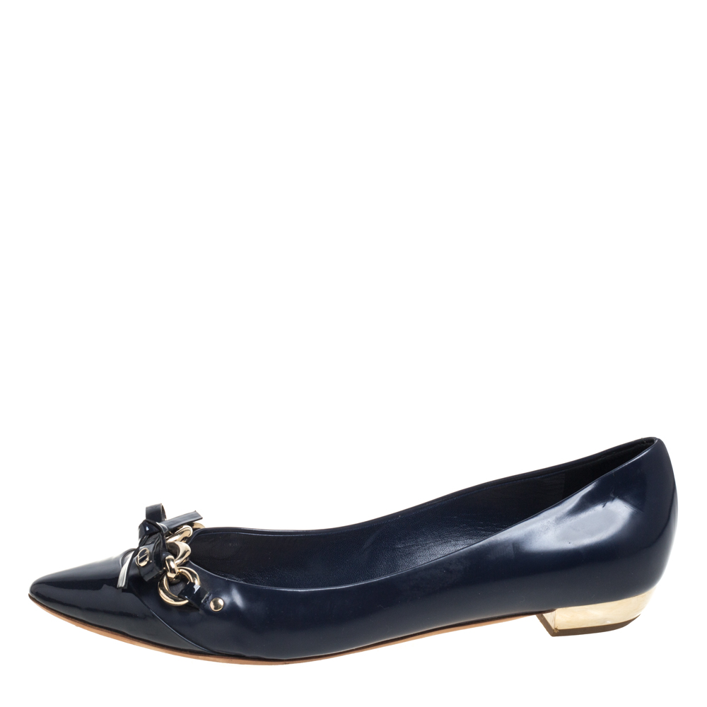 

Dior Navy Blue Patent Leather And Leather Bow Chain Ballet Flats Size