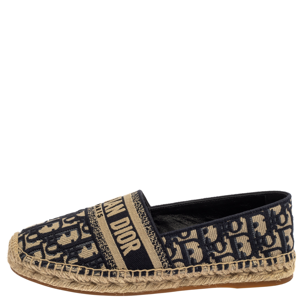 

Dior Dark Blue/Beige Oblique Embroidered Cotton Fabric Granville Espadrille Flats Size