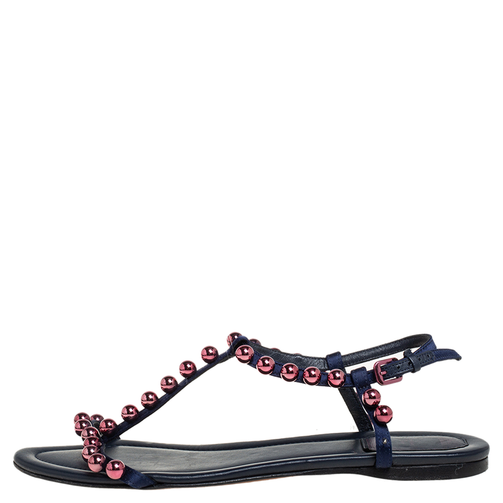 

Dior Blue Satin Beads T-Strap Flat Sandals Size