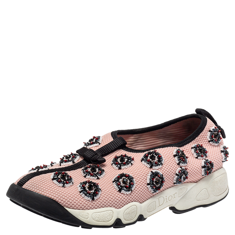 Pre-owned Dior Pink/black Embellished Fabric Fusion Sneakers Size 37.5